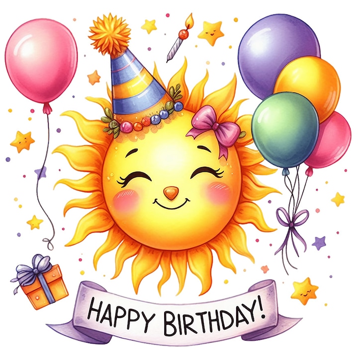 Sticker cu soarele la petrecere, ilustratie, zi de nastere, aniversare, baloane divers colorate, stelute, astre, la multi ani, cu Margini Albe, PVC Vinyl 90 cm