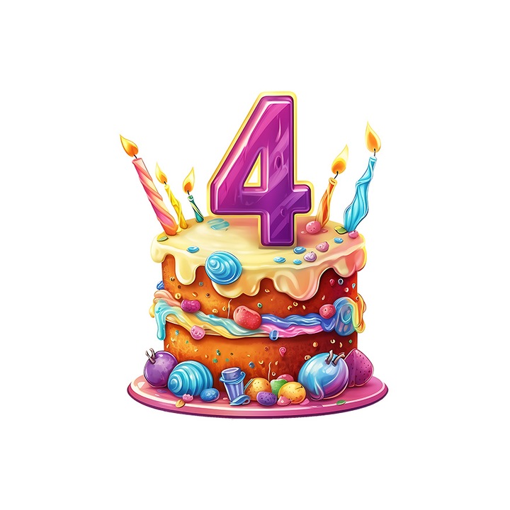 Sticker cu tort cu cifra 4, patru anisori, ilustratie, pentru copii, aniversare, zi de nastere cu Margini Albe, PVC Vinyl 90 cm