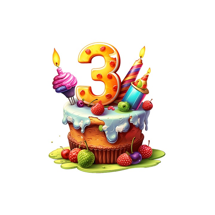 Sticker cu tort cu cifra 3, trei ani, ilustratie, pentru copii, micut, copil, cadou, delicios, lumanari cu Margini Albe, PVC Vinyl 90 cm