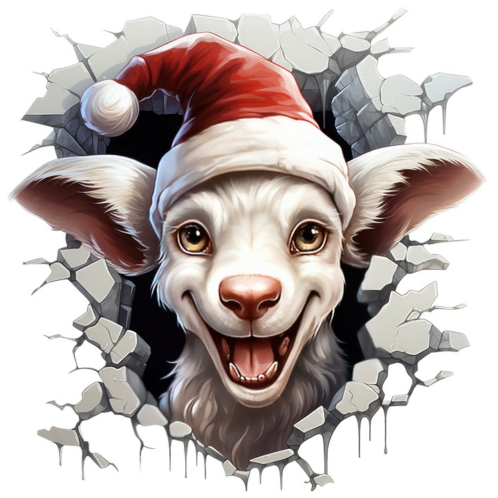 Стикер с животно, подаващо глава през разрушена стена, илюстрация, весел, закачлив, коледна шапка, щастие, празник, зима, с бели ръбове, PVC винил 40 см