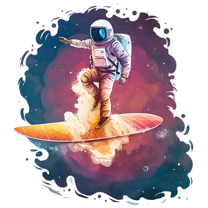 Sticker cu un astronaut care se da cu o placa de surf, ilustratie, abstract, descoperire, spatiu, galaxie, cu Margini Albe, PVC Vinyl 90 cm