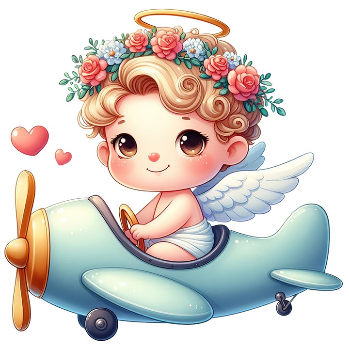 Sticker cu un bebelus care conduce un avion, aripi de ingeras, ilustratie, inimioare, Cupidon, coroana din flori, Valentine's Day, cu Margini Albe, PVC Vinyl 90 cm