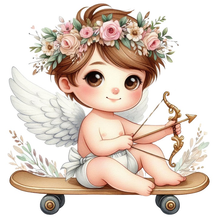Sticker cu un bebelus Cupidon care trage cu arcul, ilustratie, indragostire, Valentine's Day, coronita din floricele cu Margini Albe, PVC Vinyl 70 cm