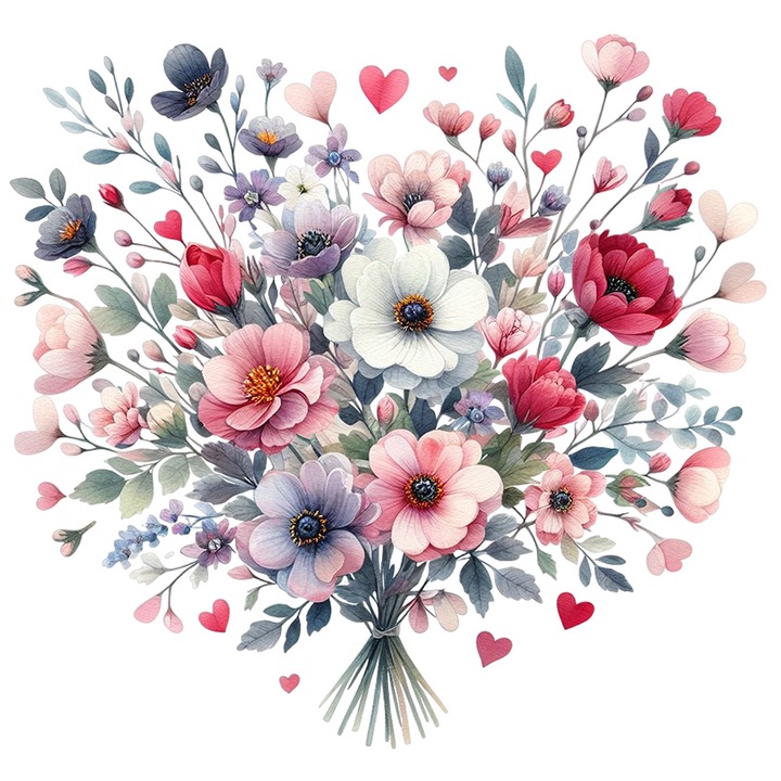Sticker cu un buchet de flori, ilustratie, rosii, albe, roz, inimioare, iubire, Valentine's Day, cu Margini Albe, PVC Vinyl 50 cm