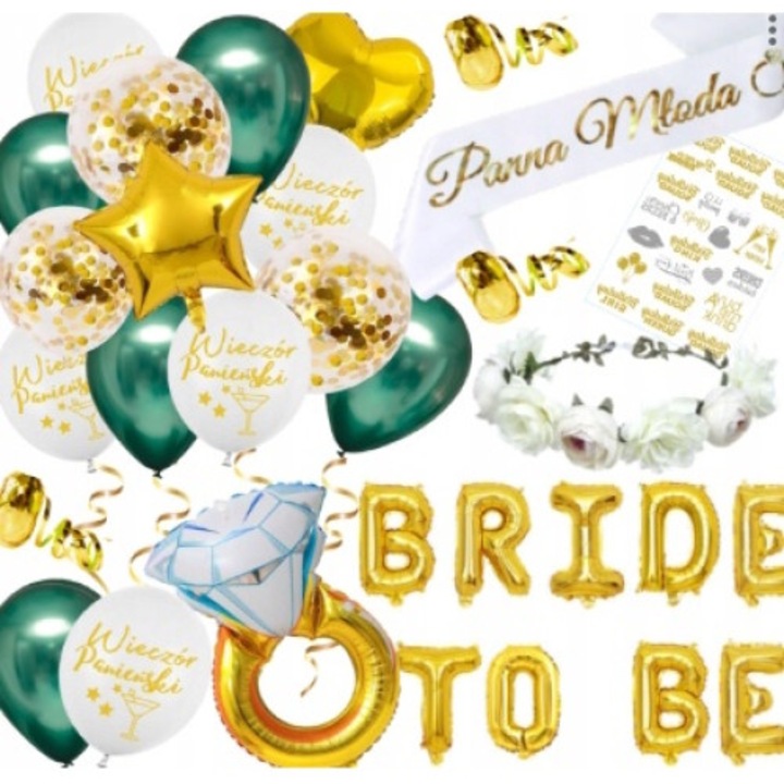 Set Pentru Petrecerea Burlacitelor, Design De Acasa, Wp-Bal-Z1, Balon Cu Confetti Aurii, Balon Verde, Balon Cu Inscriptia „Petrecerea Burlacitelor”, Panglica Cu Inscriptia „Maritata”, Lungime: 78 x Latime: 10 x Circumferinta Coronitei: 56 cm, Multicolor