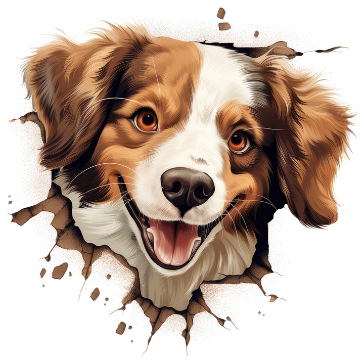 Matrica kutyával, aki kidugja a fejét a falon lévő lyukból, illusztráció, vidámság, vidámság, játékos, házi kedvenc, fehér szélekkel, PVC Vinyl 28 cm