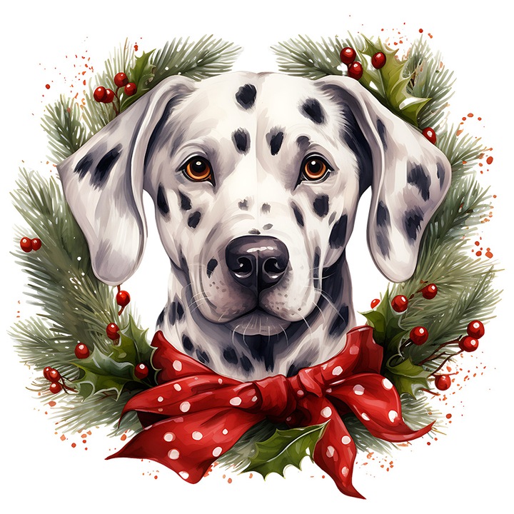 Sticker cu un caine Dalmatian, ilustratie, coroana, brad, frunze, vasc, iarna, frig, zapada, pentru iubitorii de caini, cu Margini Albe, PVC Vinyl 40 cm