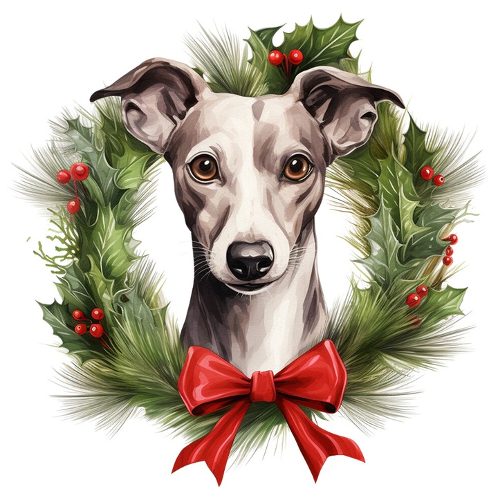 Sticker cu un caine mirat, ilustratie, coroana, vasc, funda rosie, frunze, brad, natura, plante, cu Margini Albe, PVC Vinyl 10 cm