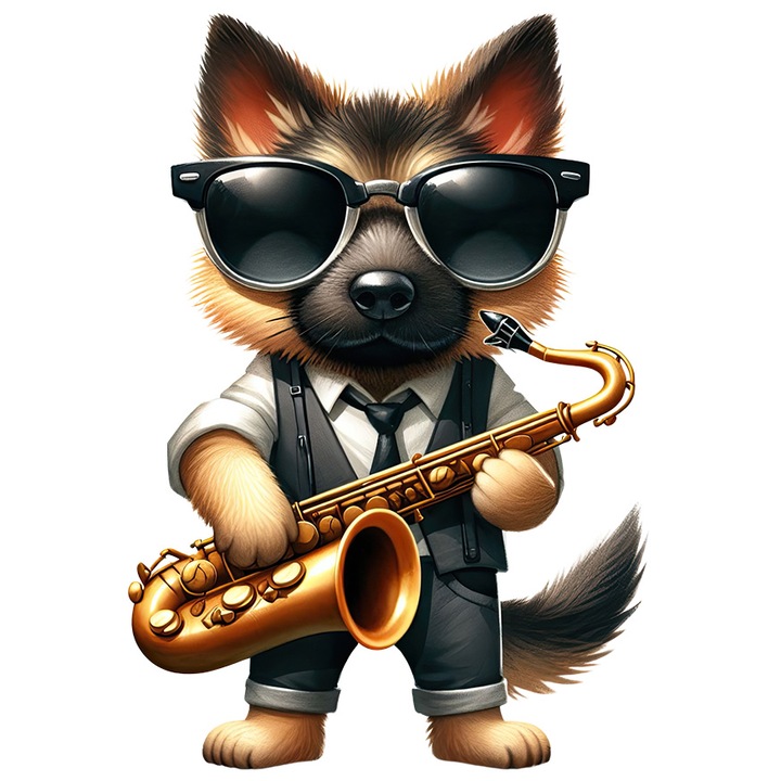 Sticker cu un caine lup care canta la saxofon, ilustratie, ochelari, pentru iubitorii de animale, instrument muzical, melodie, ritm, cu Margini Albe, PVC Vinyl 15 cm 543