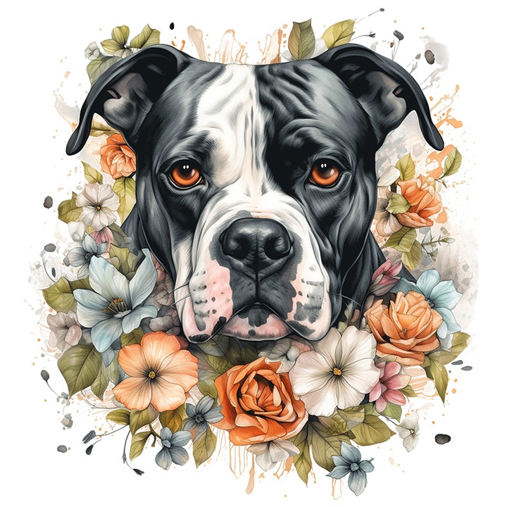Matrica komoly kutyával, kicsit szomorú, Boxer, fekete, fehér, pattogatott kukorica, természet, absztrakt, foltos, fehér szélekkel, PVC Vinyl 40 cm