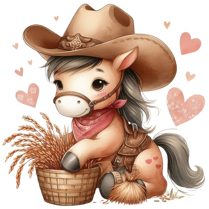Sticker cu un calut cu palarie de cowboy, ilustratie, Vestul Salbatic, grau, cos, treaba, ferma, animal domestic, cu Margini Albe, PVC Vinyl 23 cm