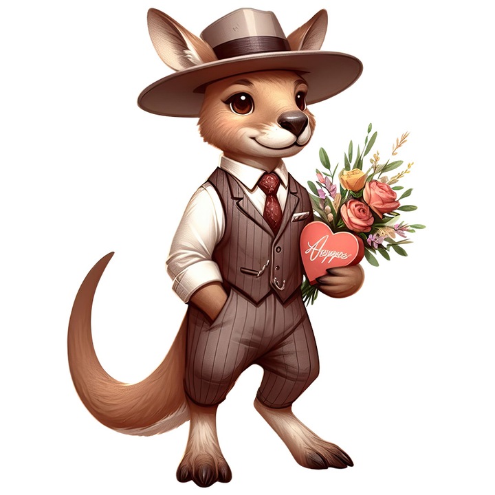 Sticker cu un cangur care tine un buchet cu flori si o cutie cu bomboane, ilustratie, cadouri pentru iubita, apreciere, respect, gest, cu Margini Albe, PVC Vinyl 15 cm