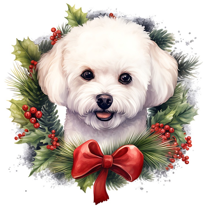 Sticker cu un catel alb vesel, ilustratie, blanos, vasc, frunze, brad, iarna, frig, fericire, pentru iubitorii de caini, animal de companie, cu Margini Albe, PVC Vinyl 15 cm