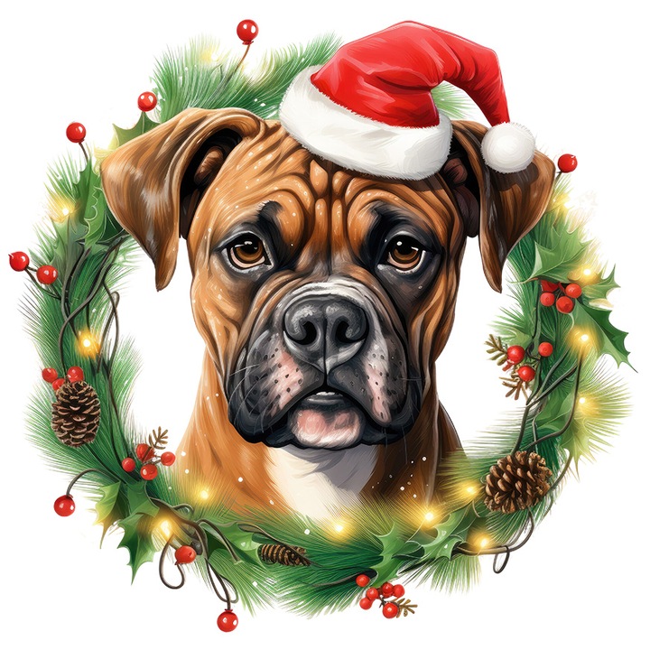 Sticker cu un catel Boxer cu caciula de Craciun, ilustratie, coroana, conuri de brad, luminite, vasc cu Margini Albe, PVC Vinyl 23 cm
