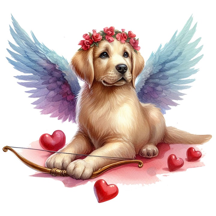 Sticker cu un catel Cupidon, ilustratie, coroana de flori, inimioare, arc, aripi, Valentine's Day, cu Margini Albe, PVC Vinyl 10 cm