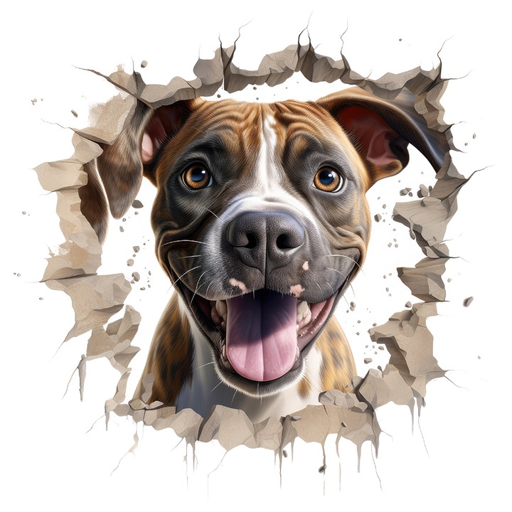 Matrica törött falon átnéző kíváncsi kutyussal, illusztráció, játékos, férfi barát, barna, kihúzott nyelvű, fehér szélekkel, PVC Vinyl 15 cm 44