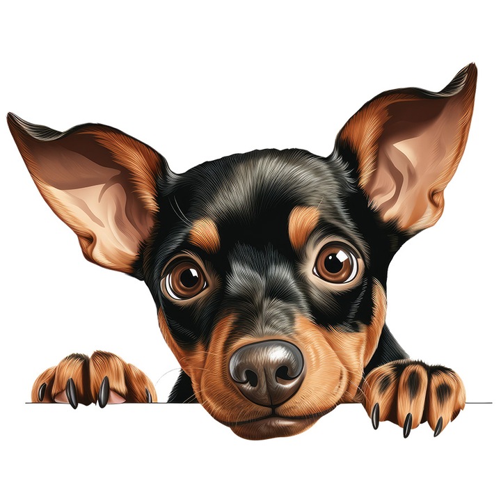 Sticker cu un catel curios, ilustratie, maro, negru, ilustratie, curiozitate, animal de companie, canin, se uita surprins, cu Margini Albe, PVC Vinyl 10 cm