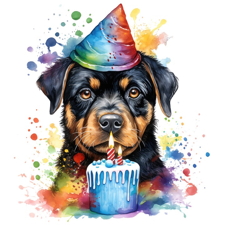 Matrica Rottweiler kiskutyával, illusztráció, születésnap, torta, torta, égő gyertya fehér szélekkel, PVC Vinyl 40 cm