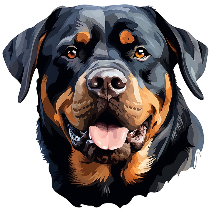 Sticker cu un catel Rottweiler bucuros, ilustratie, stil vectorial, limba scoasa, jucaus, pentru iubitorii de caini, cu Margini Albe, PVC Vinyl 15 cm