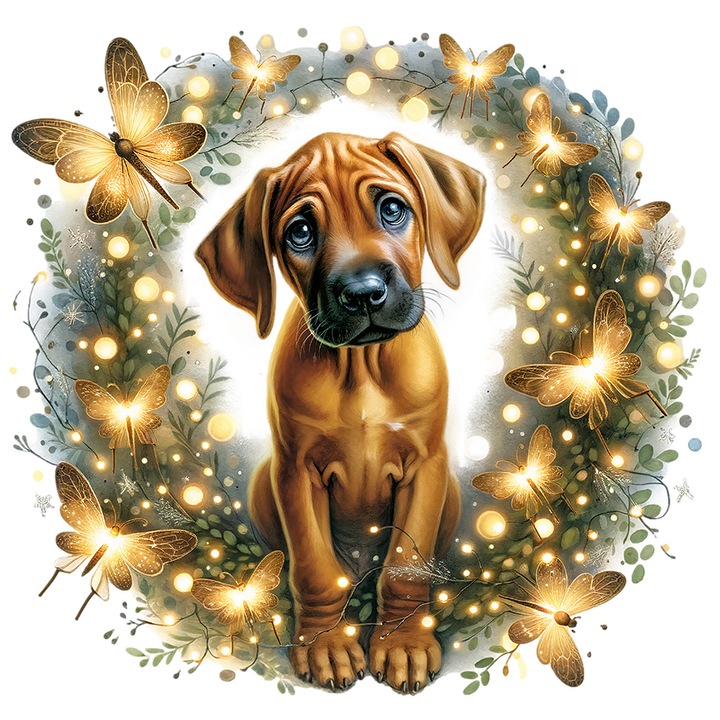 Sticker cu un catel putin trist, ilustratie, natura, fluturi stralucitori, luminosi, magie, grija, apreciere, prietenul omului, cu Margini Albe, PVC Vinyl 90 cm