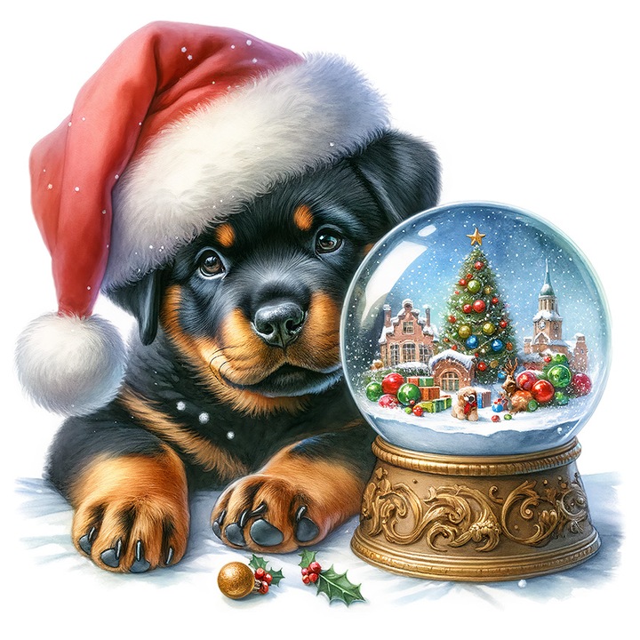 Sticker cu un catel Rottweiler cu caciula de Craciun, ilustratie, globulet cu un brad si cu daruri, cadou, vasc, sarbatoare, cu Margini Albe, PVC Vinyl 28 cm