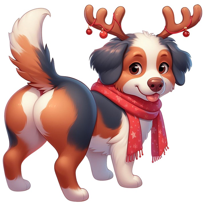 Sticker cu un catel vesel care poarta coarne de ren, ilustratie, fular, iarna, frig, ger, pentru iubitorii de caini, cu Margini Albe, PVC Vinyl 15 cm