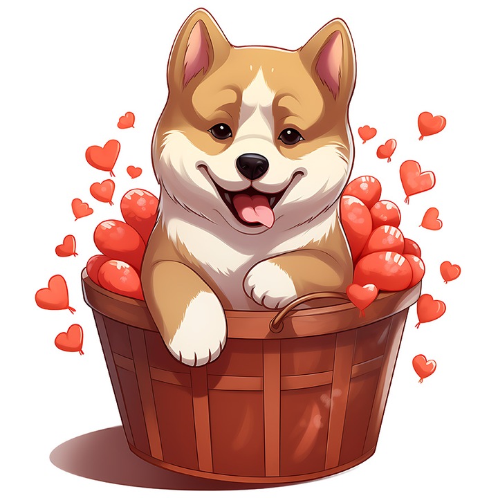 Sticker cu un catel vesel care sta intr-un cos, ilustratie, jucaus, inimioare, apreciere, cuminte, pentru iubitorii de caini, cu Margini Albe, PVC Vinyl 28 cm