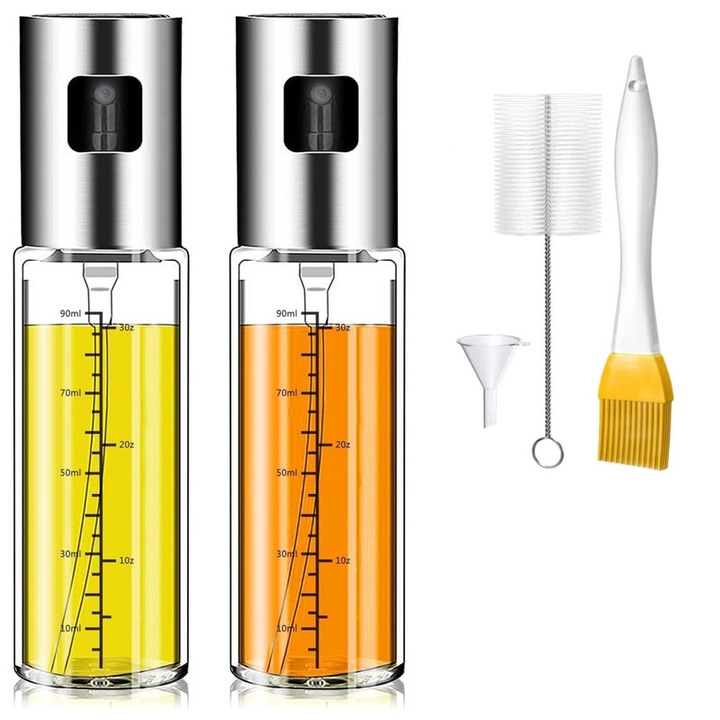 Set 2 oliviere cu pulverizator si accesorii, Inox, 100 ml