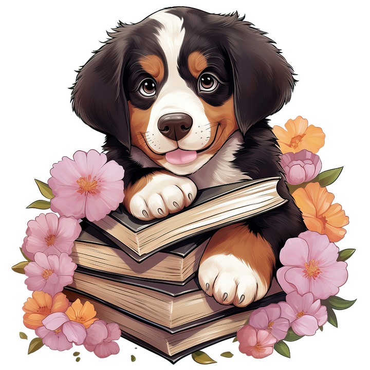 Sticker cu un catelus care are un teanc cu carti in fata, ilustratie, vesel, jucaus, flori, inspiratie, pentru pasionatii de citit, cu Margini Albe, PVC Vinyl 70 cm