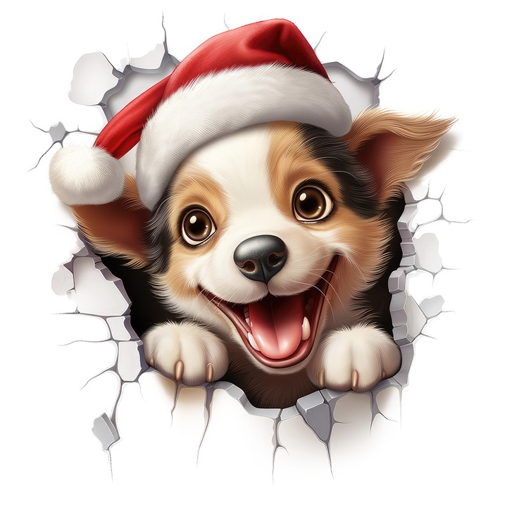 Matrica vidám kiskutyával, aki kidugja a fejét a falon lévő lyukból, illusztráció, karácsonyi kalap, vidám, játékos, ünnepi, fehér szélekkel, PVC Vinyl 23 cm