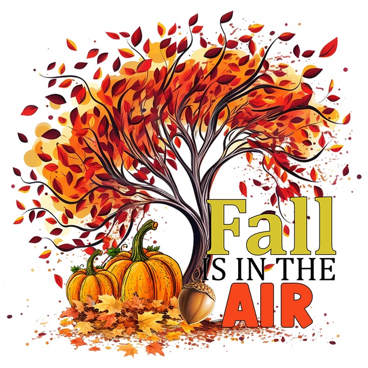 Sticker cu un copac care se scutura cu mesajul "Fall is in the air", toamna, ilustratie, e in aer, ghinda, dovleci, frunze cu Margini Albe, PVC Vinyl 70 cm