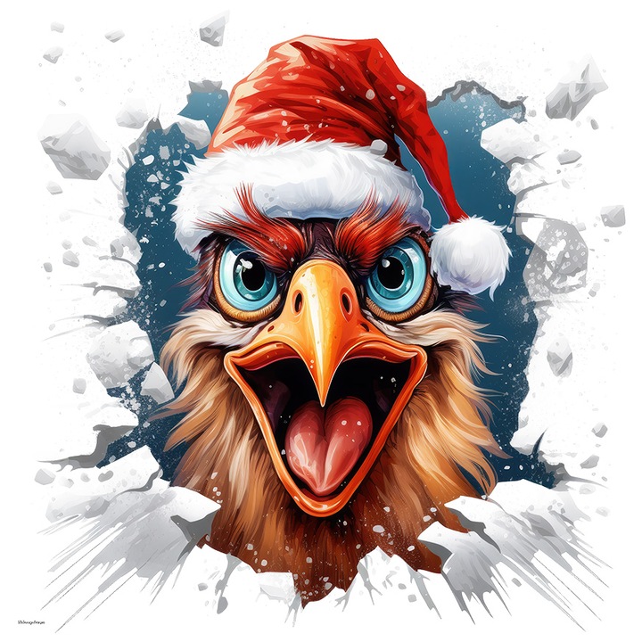 Matrica dühös kakassal, karácsonyi kalap, fejét törött falon átdugva, illusztráció, üvöltő, fehér szélekkel, PVC Vinyl 70 cm