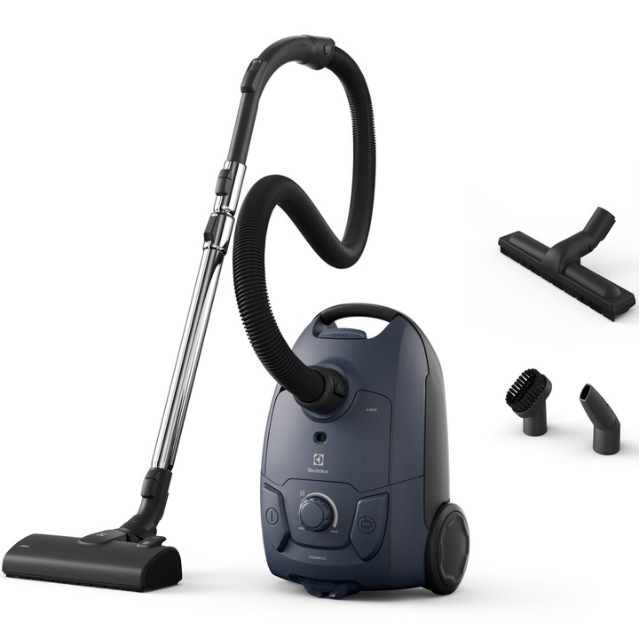 Прахосмукачка с торба Electrolux Series 500 EB51C2DB, 750W, Четка AllFloor premium, Четка Parketto, 37% рециклирана пластмаса, Миещ се HEPA филтър, Телескопична тръба с фиксираща система, Обхват на действие 8,5 м, Аксесоари 2в1, Denim blue