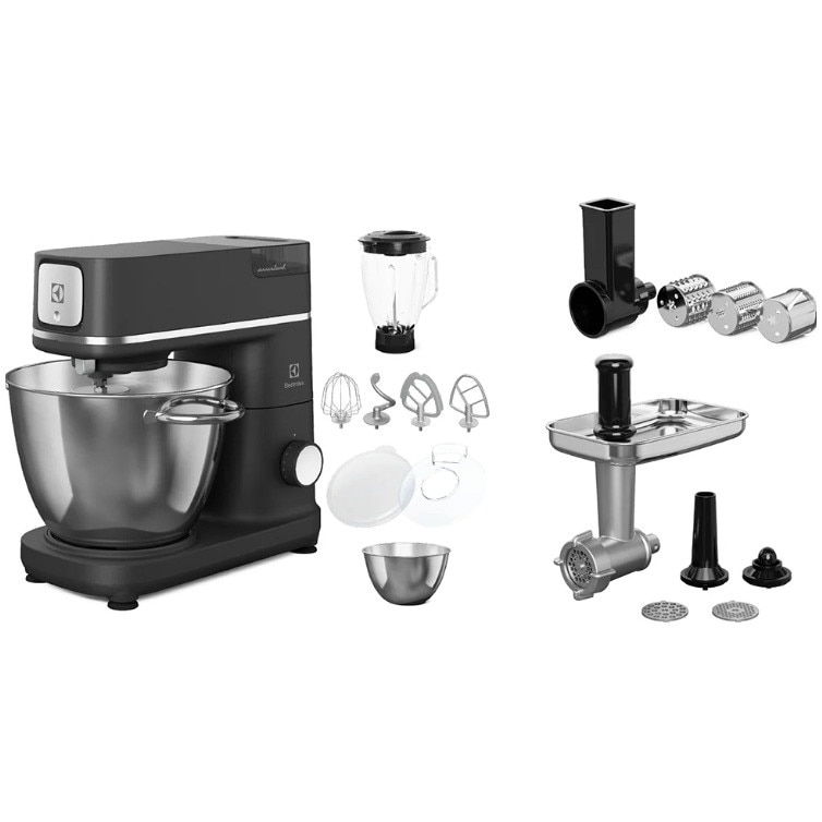 Robot de bucatarie Electrolux E6KM1-8BPT, 1200 W, corp full metal, 10 viteze + Pulse, 2 x bol inox (6 litri + 4 litri), blender 1,5 lt din sticla borosilicata, masina de tocat carn
