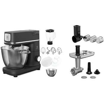 Robot de bucatarie Electrolux E6KM1-8BPT, 1200 W, corp full metal, 10 viteze + Pulse, 2 x bol inox (6 litri + 4 litri), blender 1,5 lt din sticla borosilicata, masina de tocat carne, accesoriu radere/feliere, lumina LED pentru bol, antracit