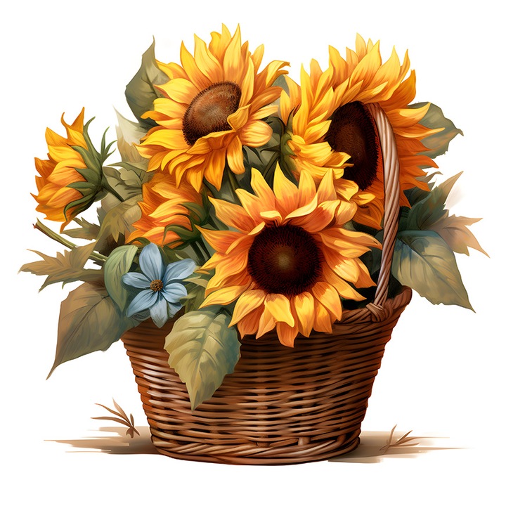 Sticker cu un cos cu flori, ilustratie, floarea-soarelui, recolta, natura, plante, cu Margini Albe, PVC Vinyl 28 cm