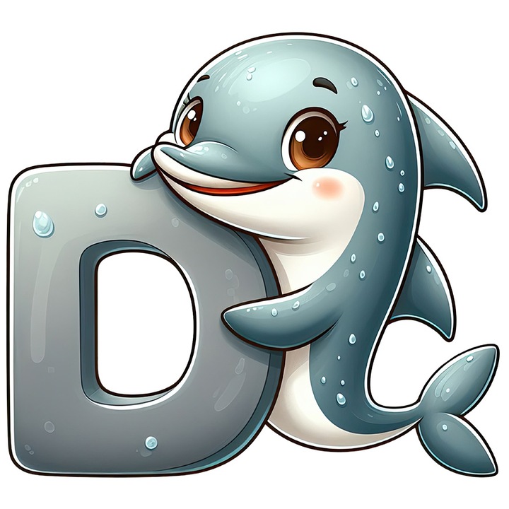Sticker cu un delfin cu litera "D", ilustratie, pentru copii, scoala, elev, alfabet, abecedar cu Margini Albe, PVC Vinyl 40 cm