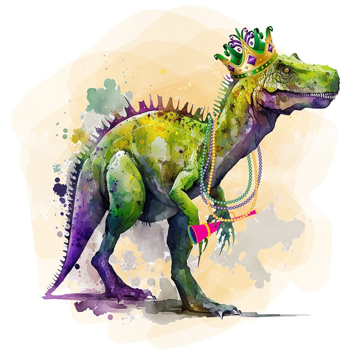 Sticker cu un dinozaur care poarta o coroana, ilustratie, la circ, spectacol, pete de culoare, abstract, cu Margini Albe, PVC Vinyl 10 cm