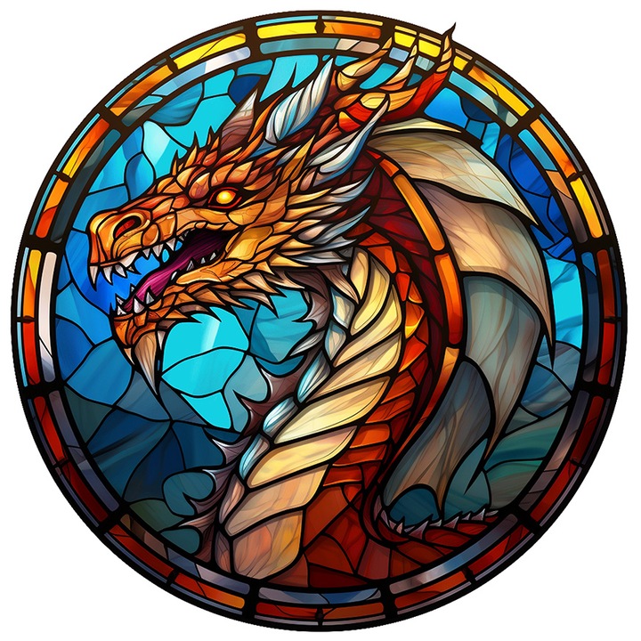 Sticker cu un dragon furios in stil mozaic, ilustratie, sticla, anul dragonului, abstract cu Margini Albe, PVC Vinyl 15 cm