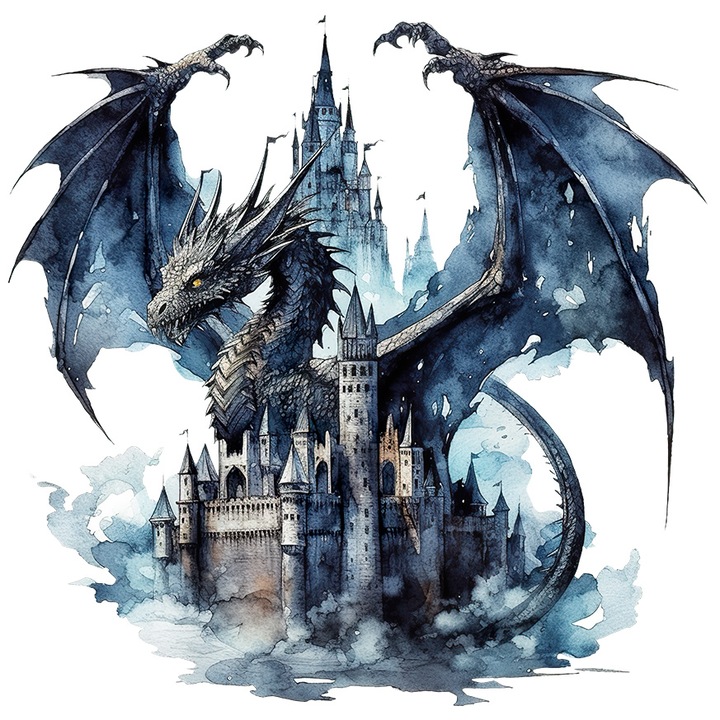 Sticker cu un dragon negru, ilustratie, castel, furios, creatura mitica, abstract, pictat, pe cale de a distruge, cu Margini Albe, PVC Vinyl 10 cm