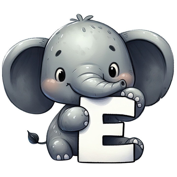 Sticker cu un elefantel cu litera "E", ilustratie, pentru copii, scoala, elev, abecedar, alfabet cu Margini Albe, PVC Vinyl 15 cm