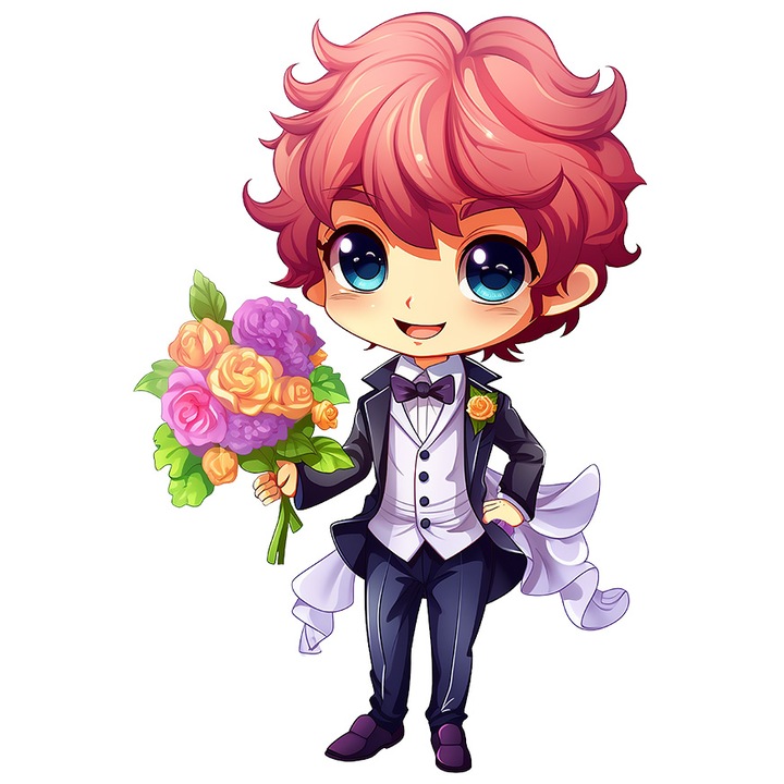 Sticker cu un ginere care tine un buchet cu flori, ilustratie, la costum, eveniment special, casatorie, cu Margini Albe, PVC Vinyl 28 cm