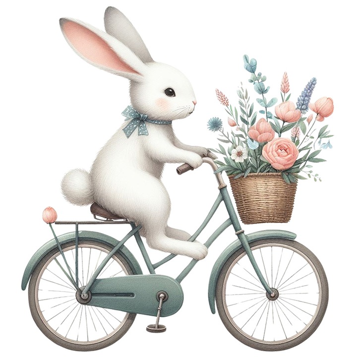 Sticker cu un iepuras timid care merge cu bicicleta, plimbare, ilustratie, cosulet cu flori, cadou, dar, natura, alb, cu Margini Albe, PVC Vinyl 90 cm