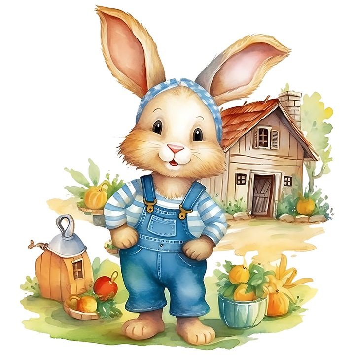 Sticker cu un iepuras vesel, ilustratie, casuta in spate, natura, iarba, verdeata, gradina, harnicie, fermieri, cu Margini Albe, PVC Vinyl 10 cm