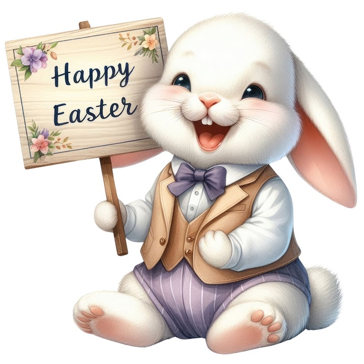 Sticker cu un iepuras vesel, mesajul "Happy Easter", ilustratie, rade, fericire, Paste fericit, sarbatoare, cu Margini Albe, PVC Vinyl 50 cm