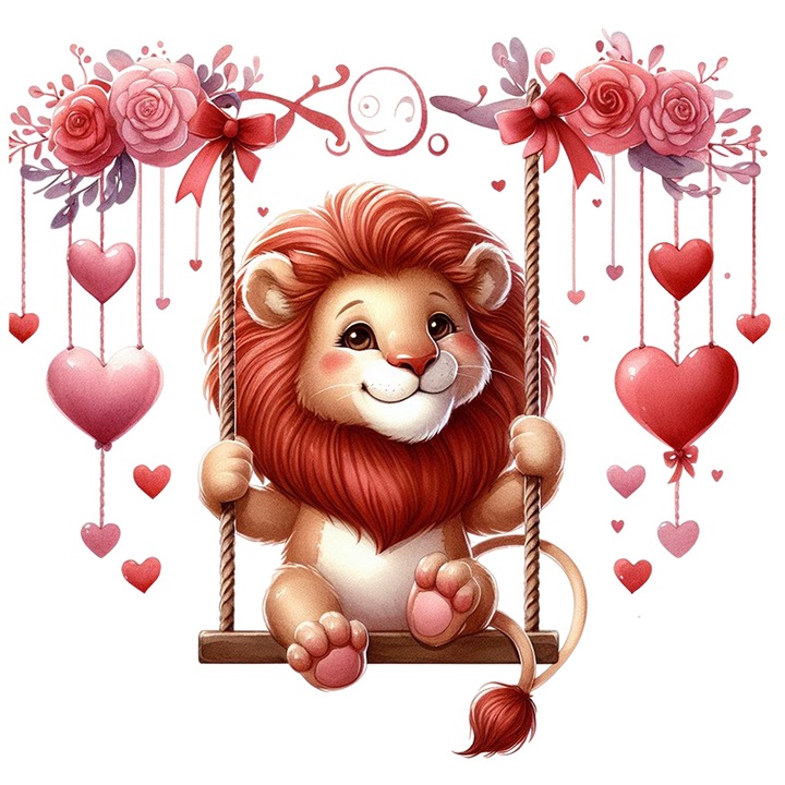 Sticker cu un leu care se da in leagan, ilustratie, inimioare, parc, copii, joaca, afectiune, iubire, cu Margini Albe, PVC Vinyl 40 cm