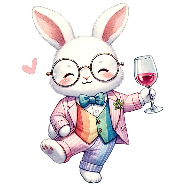 Sticker cu un iepure care tine un pahar cu vin, ilustratie, ochelari, vesel, fericit, funda, cu Margini Albe, PVC Vinyl 10 cm