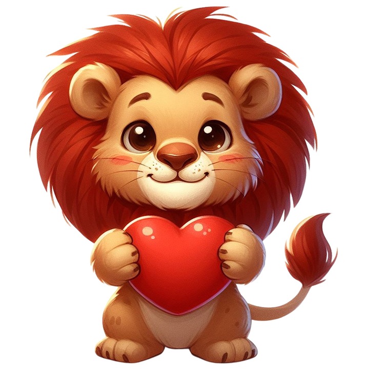 Sticker cu un leu care tine o inima in brate, ilustratie, imbujorat, vesel, apreciere, gest, cu Margini Albe, PVC Vinyl 40 cm