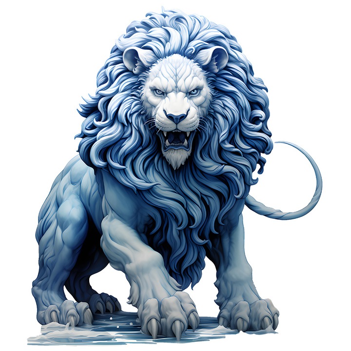 Sticker cu un leu albastru, ilustratie, gheata, frig, furios, nervos, regele junglei, animal salbatic, cu Margini Albe, PVC Vinyl 40 cm