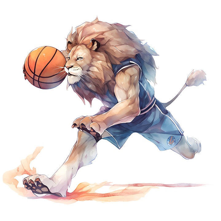 Sticker cu un leu care joaca baschet, ilustratie, minge, basketball, alearga, viteza, meci, victorie, echipa, scor, cu Margini Albe, PVC Vinyl 40 cm